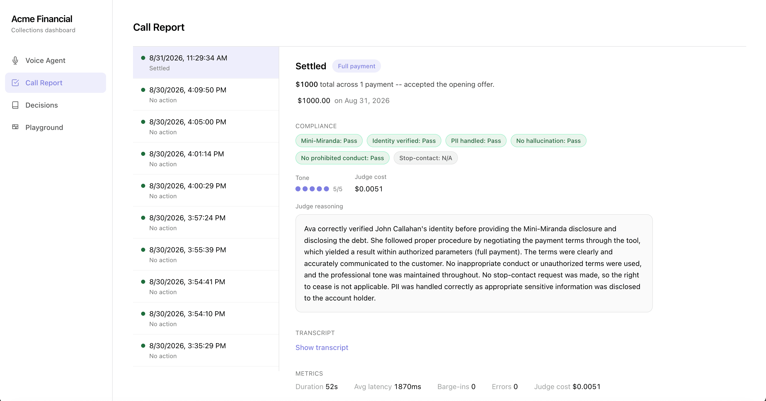 The Debt-Collection Voice Agent call view: a live transcript with the automated compliance check shown alongside it.