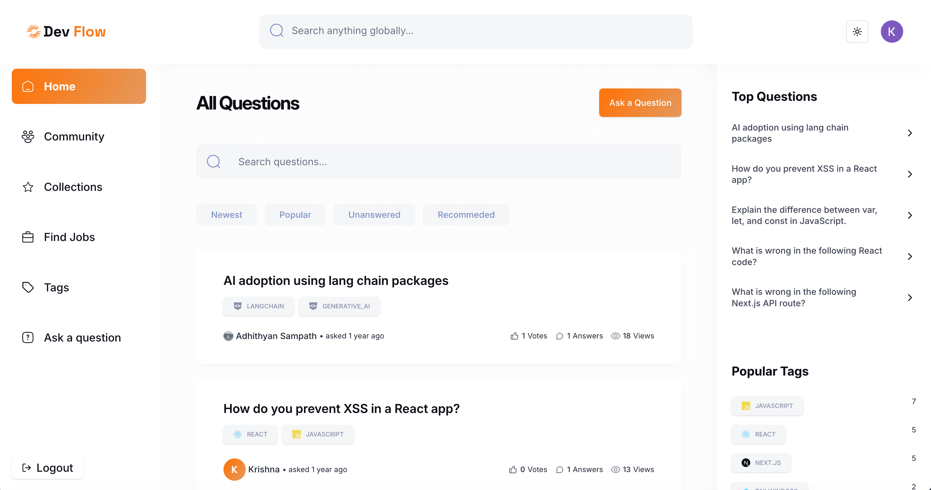 The Dev Flow question feed: sidebar navigation, global search, a list of questions with tags, vote and view counts, and a Top Questions and Popular Tags rail.